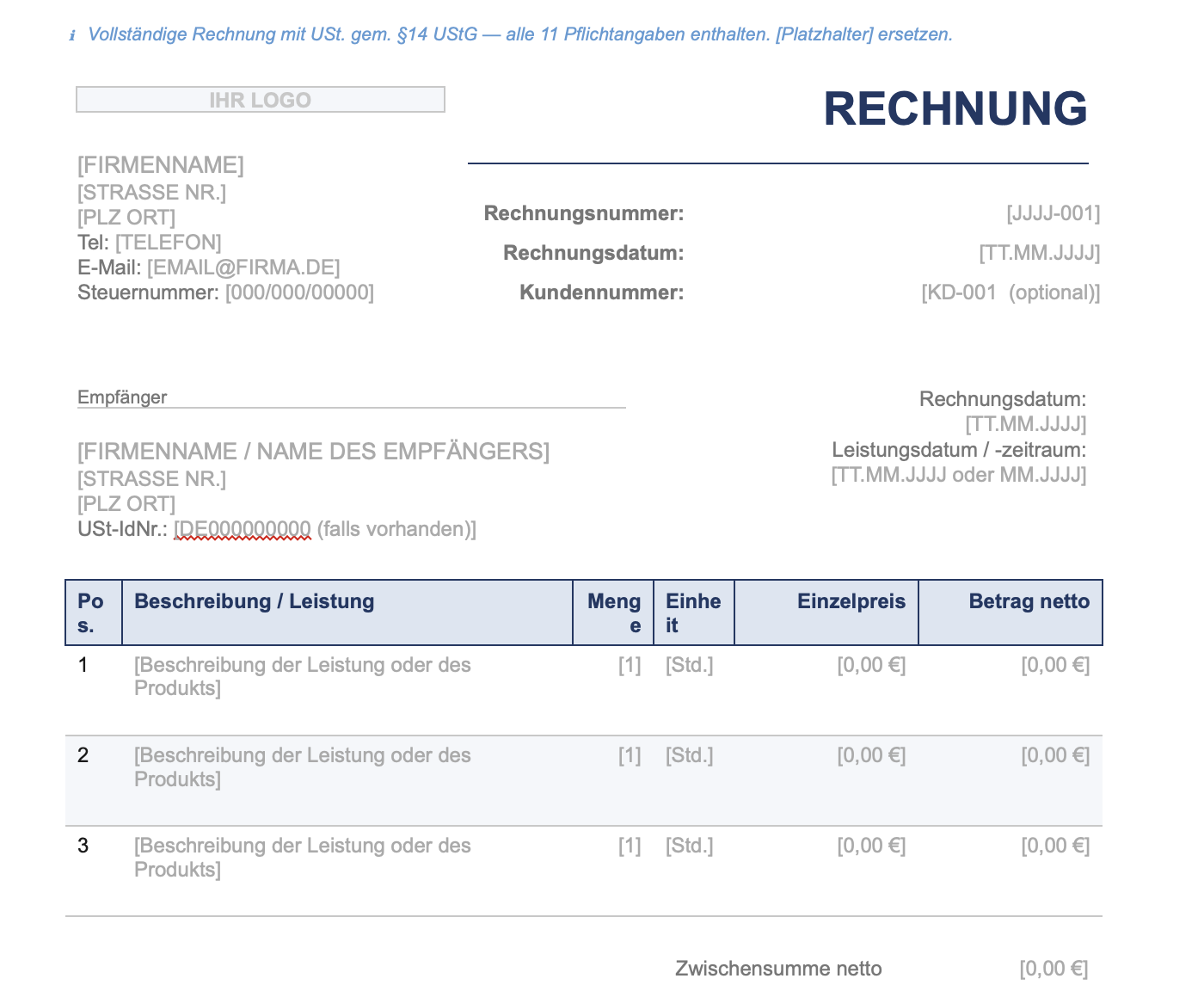 Vorschau der Rechnungsvorlage — Standardrechnung §14 UStG